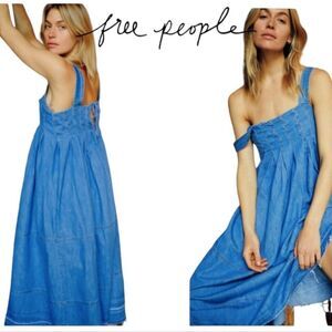 Free people blue long maxi denim dress pleated size s pinafore